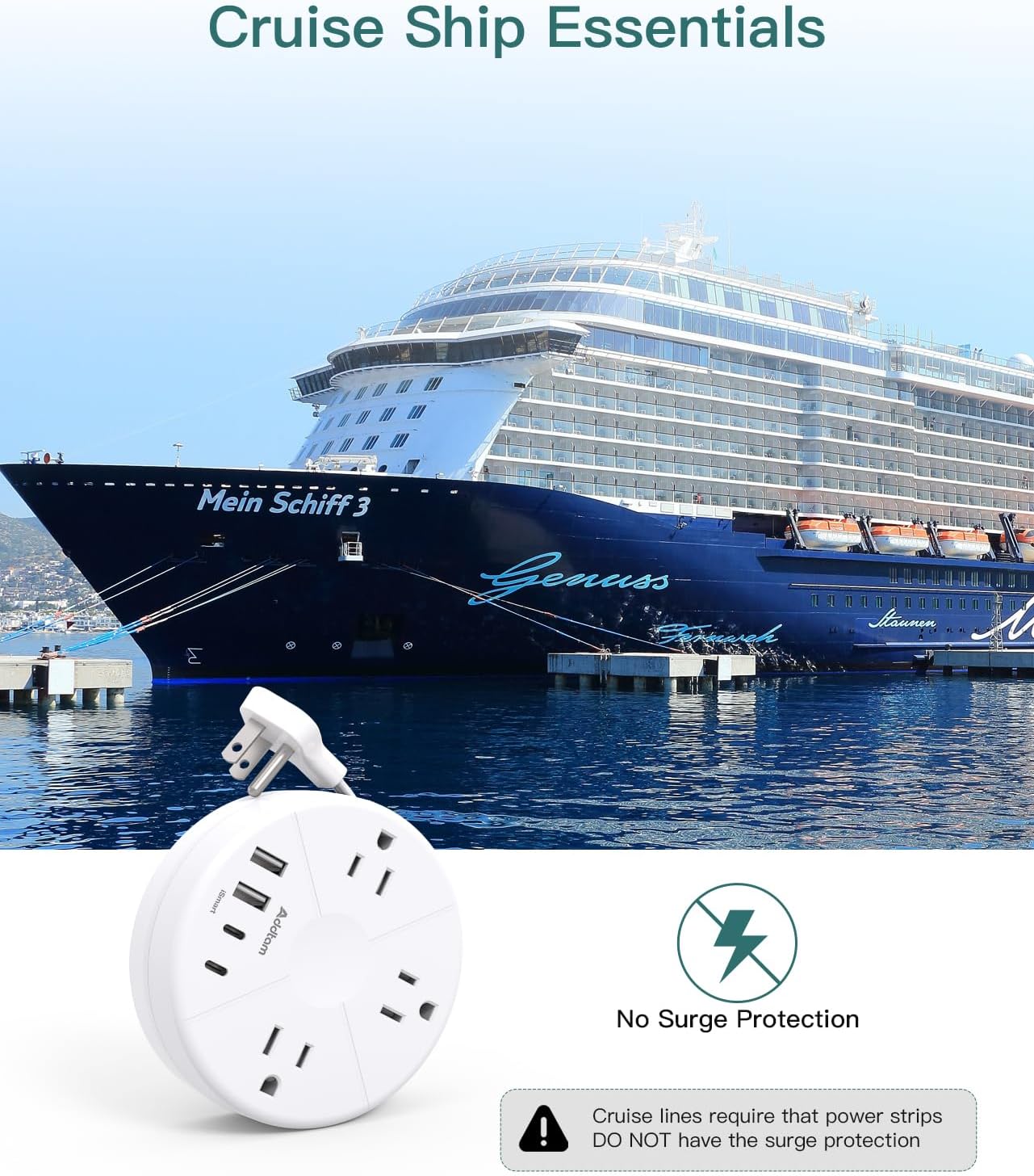 Travel Esstentials - Cruise Approved Power Strip with 5ft Retractable Cord | Ultra Thin Flat Plug, Addtam 3 Outlets 4 USB (2 USB C), Non Surge Protector for Travel/Cruise/Home/Dorm/Office, ETL Listed