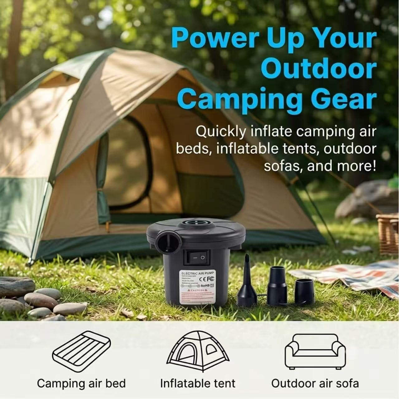 Portable Air Pump with 3 Nozzles,5kPa for Inflatables Mattress Pool Floats Toy Water Raft Bed Boat Pool Toy with 110 US Adaptor and Car-Powered 12v-DC