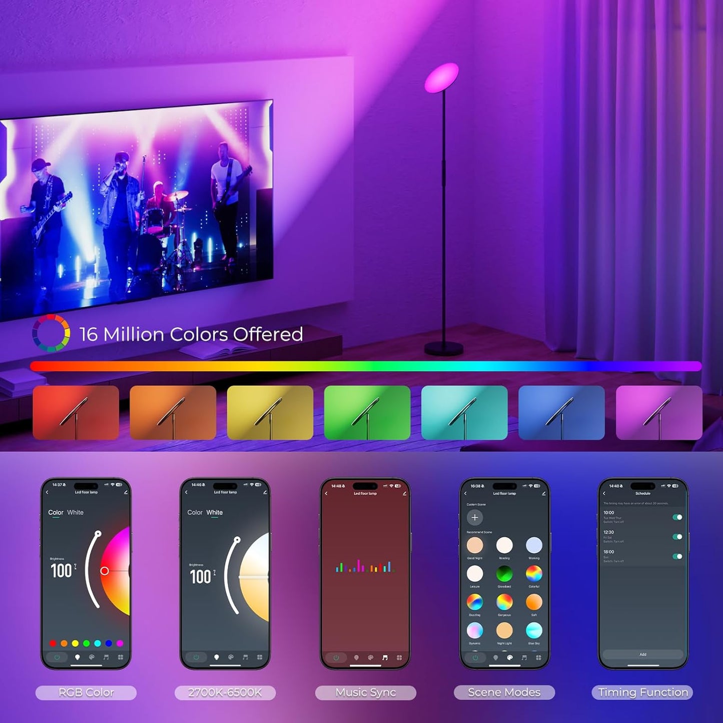 Floor Lamp, RGBWW Smart Standing Lamps for Living Room, App & Voice Control
