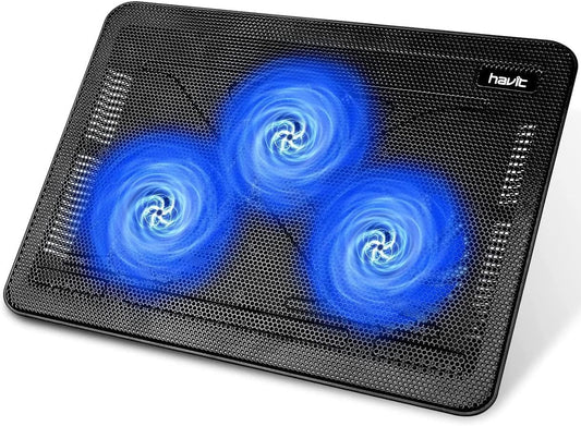 havit HV-F2056 15.6"-17" Laptop Cooler Cooling Pad - Slim Portable USB Powered (3 Fans), Black/Blue | Three quiet USB-powered fans circulate air below the laptop, two height settings improve viewing and typing comfort