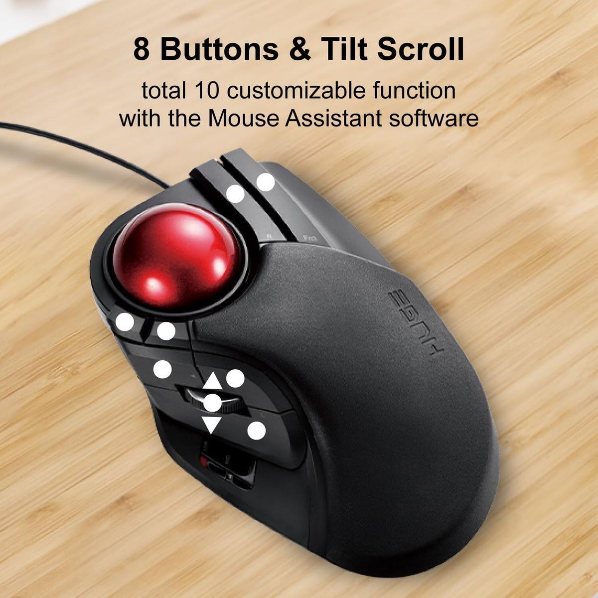 ELECOM HUGE Trackball Mouse, Wired, Finger-Operated, 8-Button Function, Palm Rest Attached, 52mm Smooth Red Ball Windows11, macOS (M-HT1URBK)