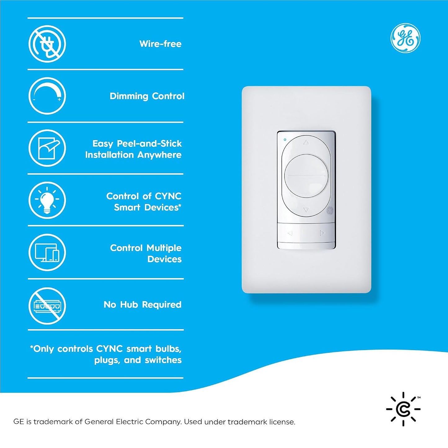GE CYNC Smart Dimmer Switch, Wire-Free, Bluetooth, White (1 Pack)