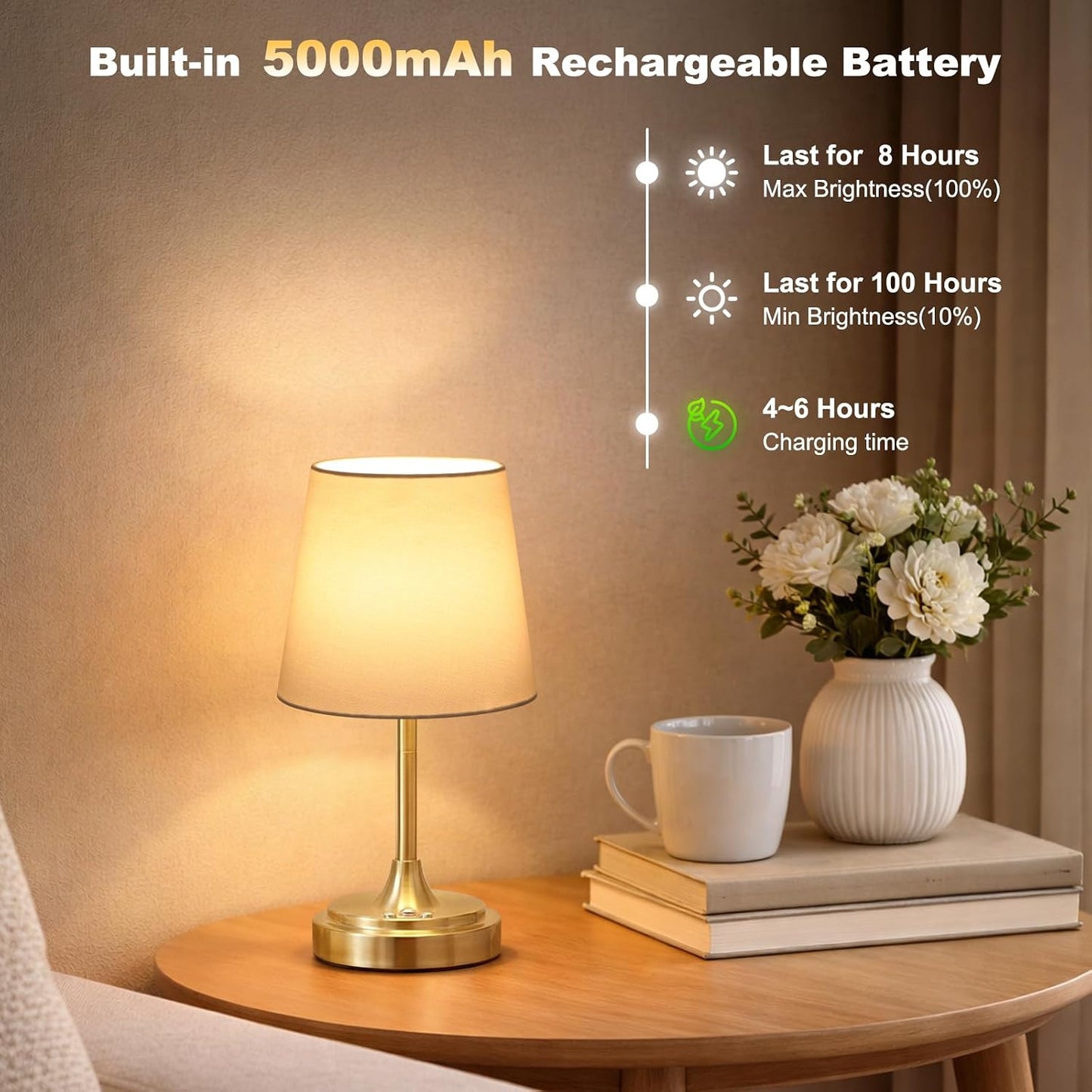 Wowag Small Cordless Table Lamp Rechargeable,5000mAh Battery Operated Desk Lamp,3 Colors & 7 RGB Stepless Dimmable,Touch Ambient Light for Bedside,Bedroom,Dining Room,Living Room,Gold,WhiteShade