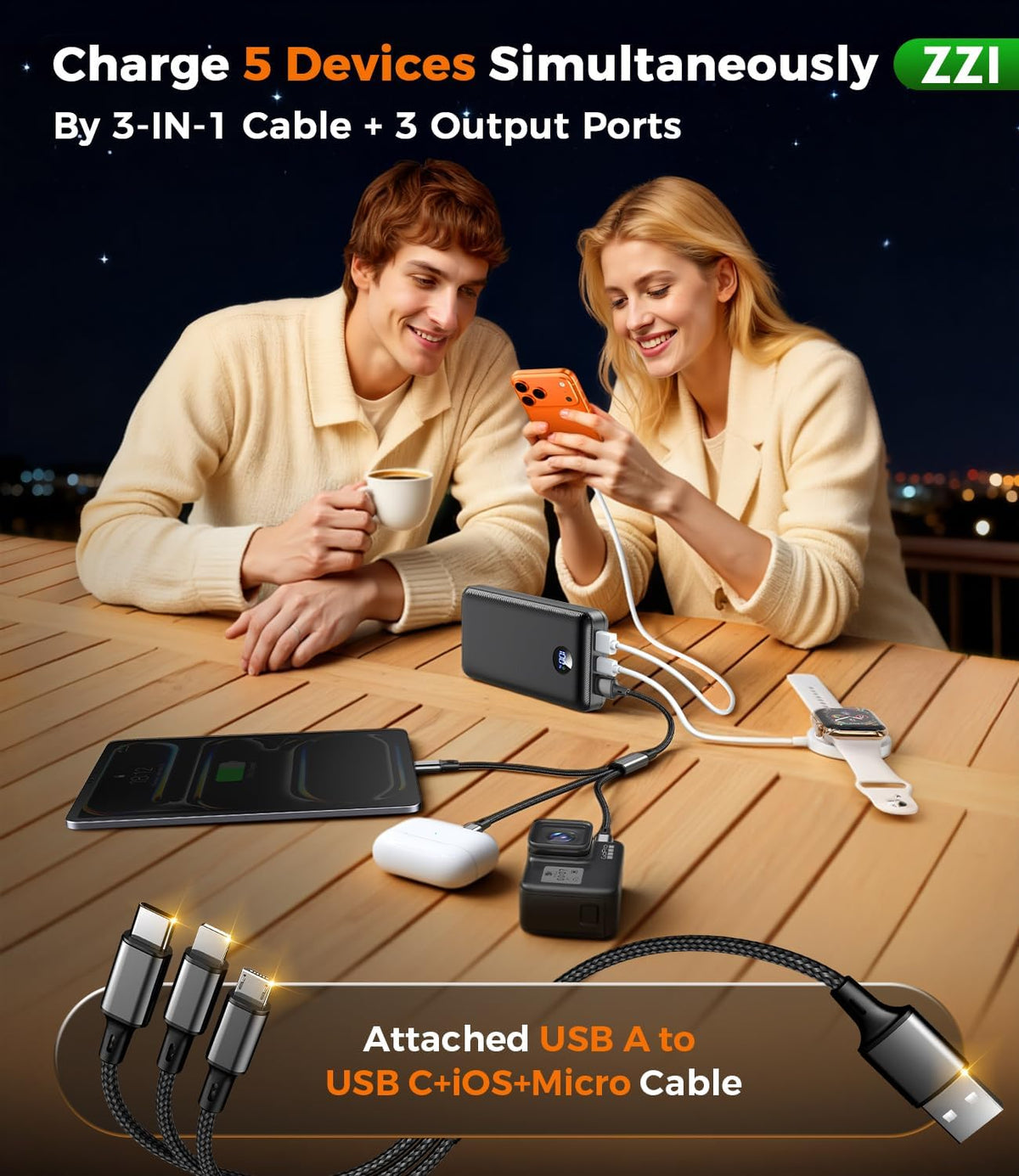 ZZI Portable Charger Power Bank 60000mAh, 22.5W PD Fast-Charge Battery Pack | Charge 5 Devices, 3-Ports & 3 in 1 Cable, 60% in 30min, 10 times for iPhone, Fit All Cell Phone/Tablets,Camping/Travel/Outage