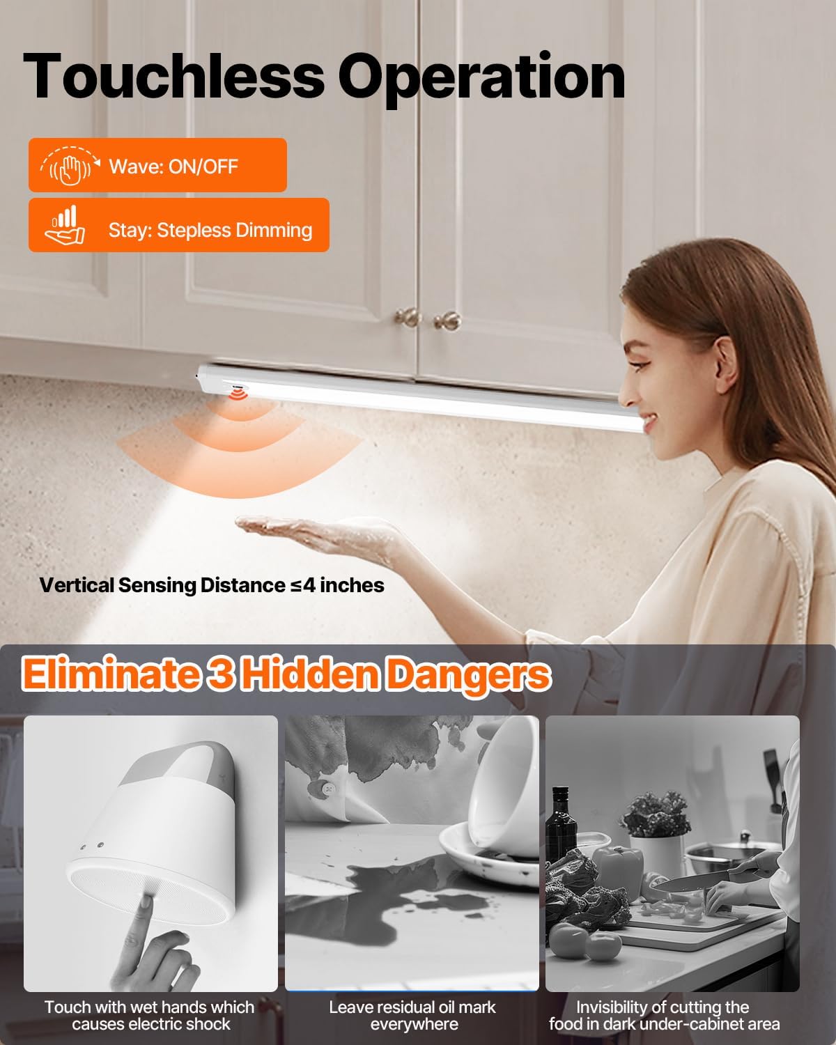 16 Inch Under Cabinet Light, Hand Wave Sensor 83 LED Indoor Cabinet Lighting, USB Rechargeable Cordless Closet Light, Stepless Dimming Under Counter Light for Kitchen, Shelves, Bedroom, 2 Pack