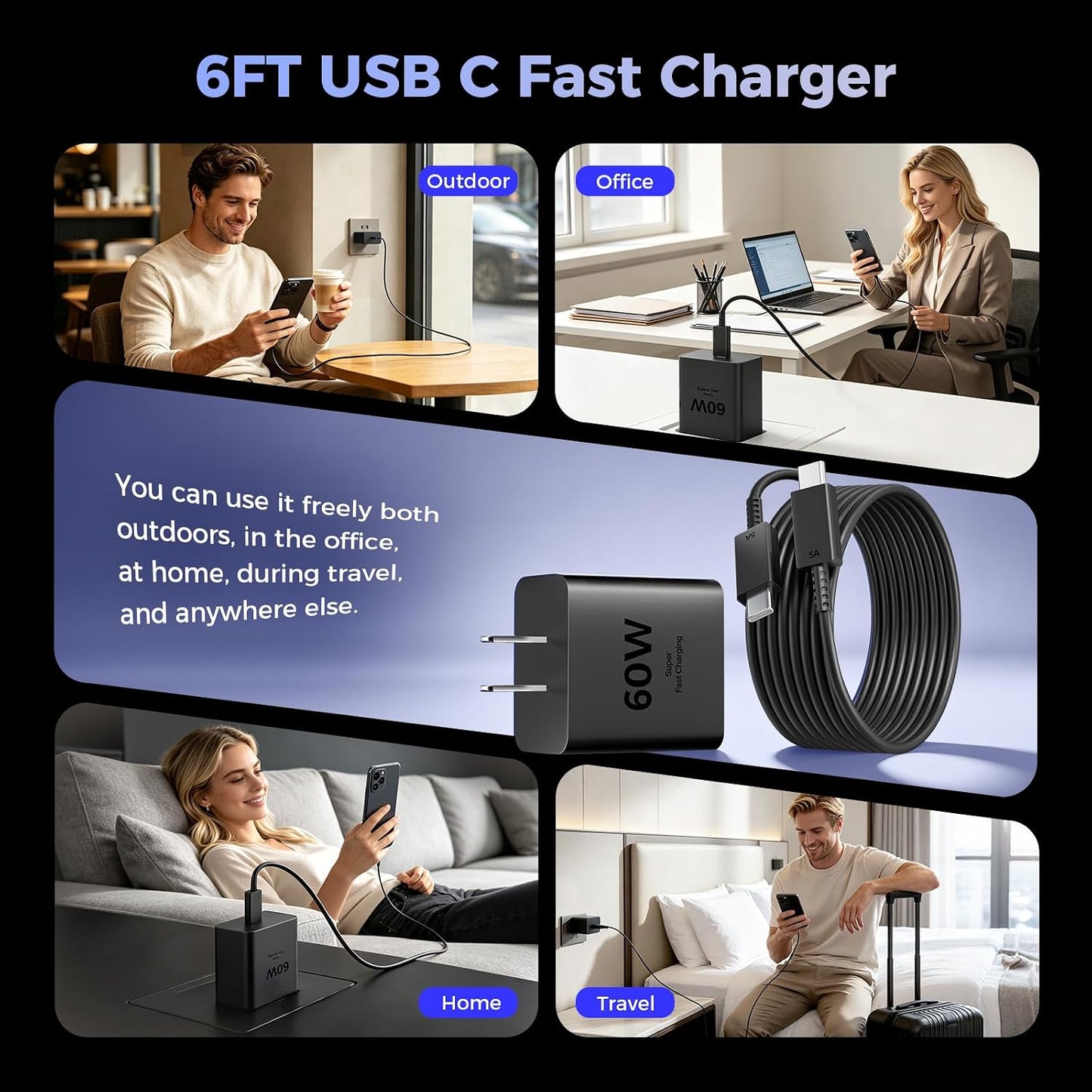 60W USB C Super Fast Charger, Type C Fast Phone Charger | PD 3.0 PPS Wall Charging Block with 6FT Cable, for Samsung Galaxy S26 Ultra/S25/S24/S23, iPhone 17/16/15 Pro Max, iPad Pro