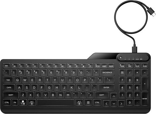 HP 400 Backlit Wired Keyboard (Ash Wired) - Warm White LED Illuminated Keys w/ 3 Brightness Levels - Slim & Portable Design - 12 Programmable Keys - Spill-Resistant, Sanitizable