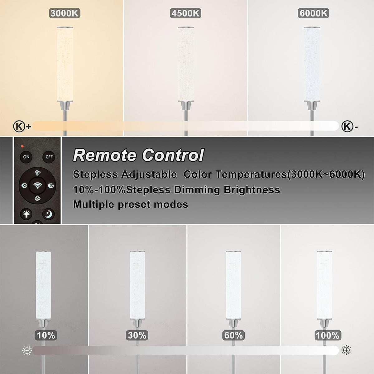 Nukanu Floor Lamp with Remote Control,Nickel,Linen lampshade