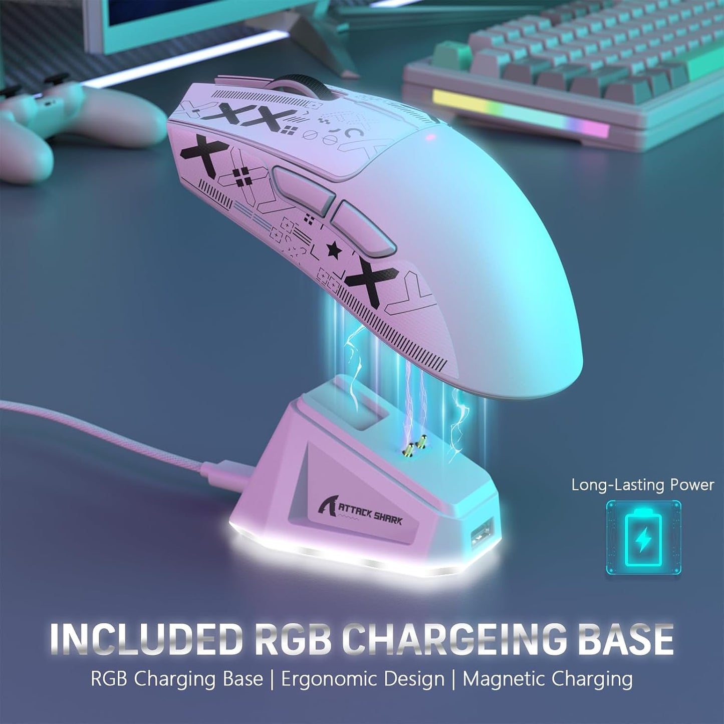 ATTACK SHARK X11 59g Lightweight Wireless Gaming Mouse,RGB Magnetic Charging Dock,Tri-Mode-BT/2.4G Wireless/Wired Mouse with Grip Tape,22000 DPI,5 Programmable Buttons for Pc/Mac(White&Sticker)
