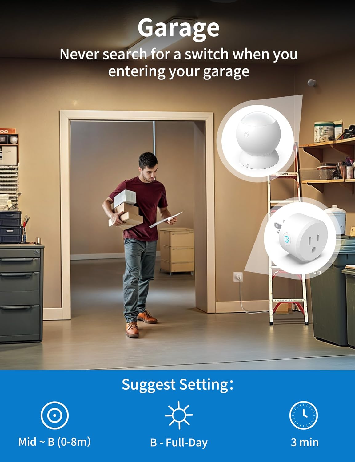 Wireless Motion Sensor Outlet with Timer, Plug-N-Play PIR Motion Activated Switch, Indoor Motion Detector for Lights & Exhaust Fan (110V-120V) of Bathroom, Garage, Laundry Room