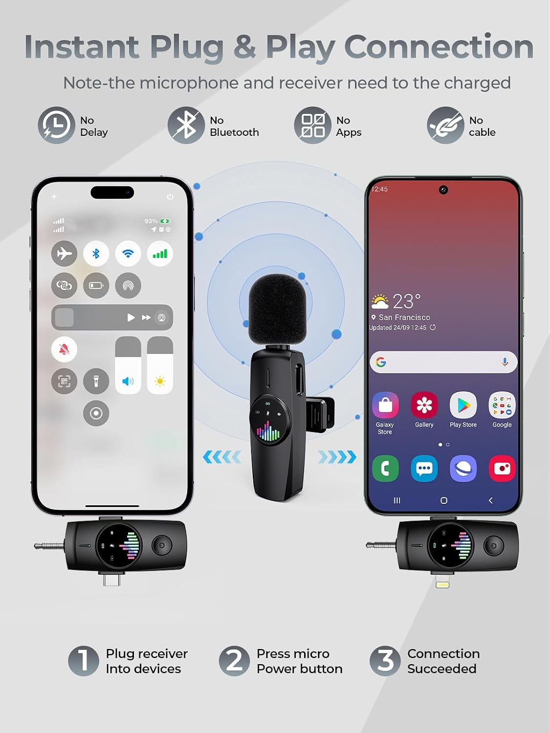 3-in-1 Wireless Lavalier Microphone: Mini Microphone 20H Battery, 80ft Range, DSP Noise Cancel - Plug & Play for iPhone Android, Live Streaming, Content Creators Programmes