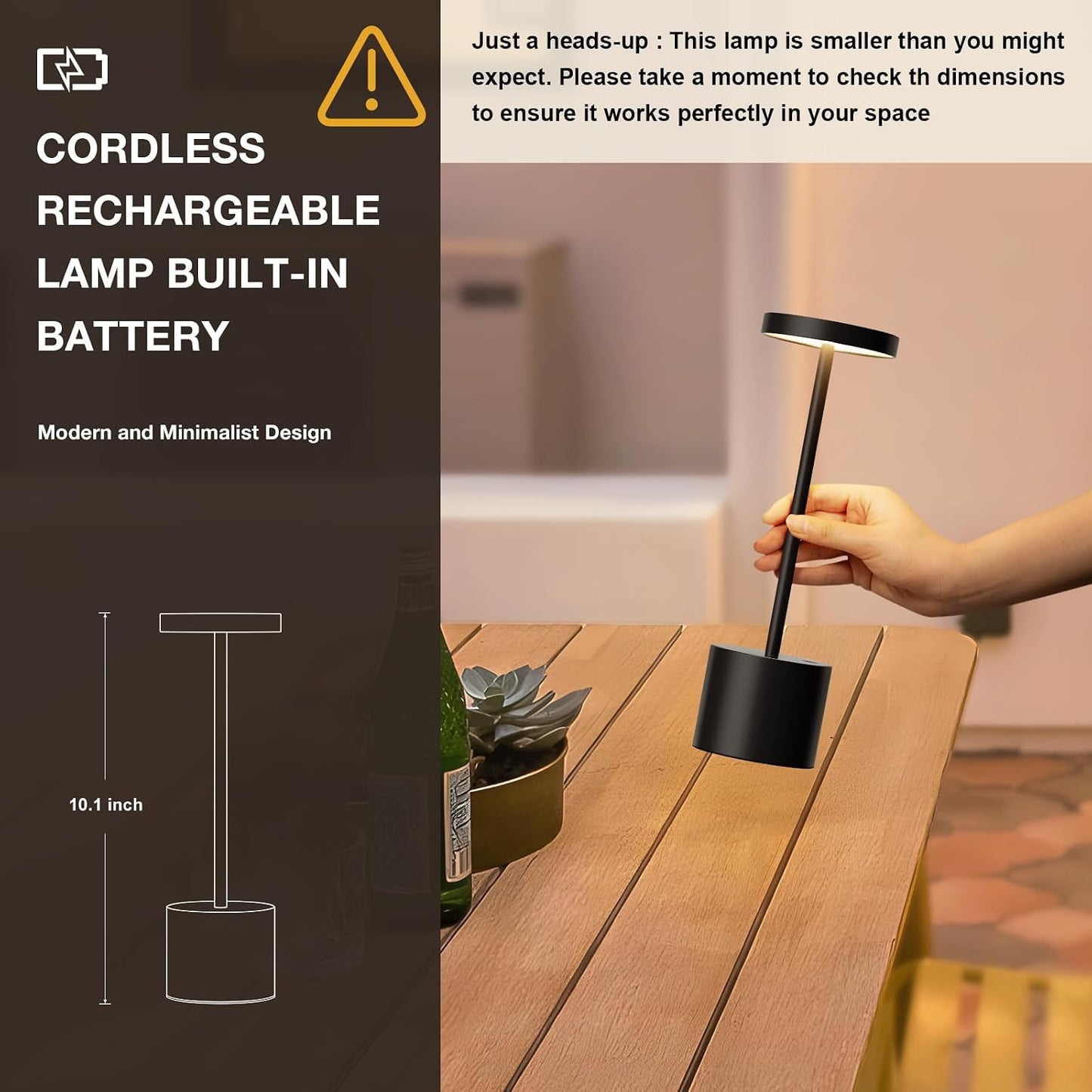 Rechargeable Cordless Table Lamp, 4000mAh Battery Operated, Black, 2 Pack | Wireless LED Lamp, 3 Color Modes, Stepless Dimming, for Dining Room, Bedroom, Bar, Cafe, Restaurant, Outdoor Patio, Camping