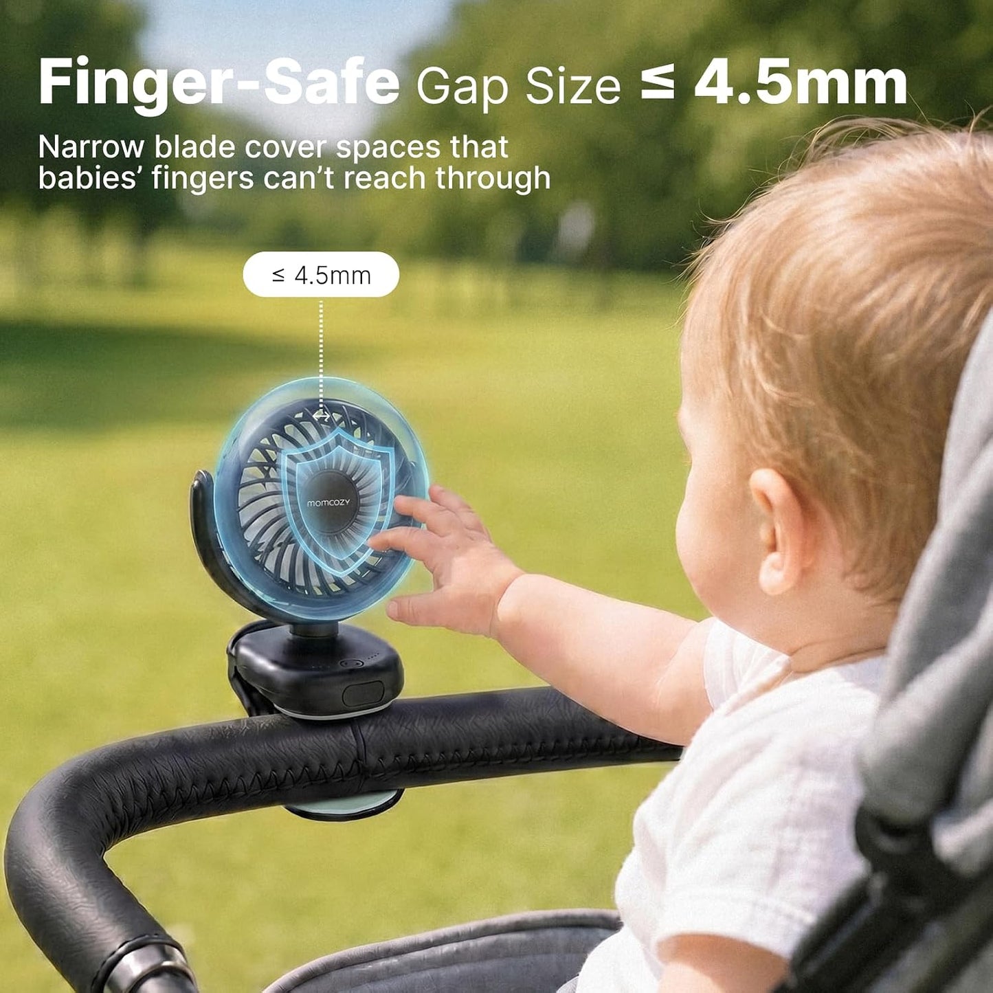 Momcozy Portable Stroller Fan with Clip, 4-Speed Mini Cooling Fan, 0.26 Lb | Ultra-Light Rechargeable Design, Gaps ≤ 4.5 mm, Rotating Handheld Cooling for Carriers, Backpacks and Tables