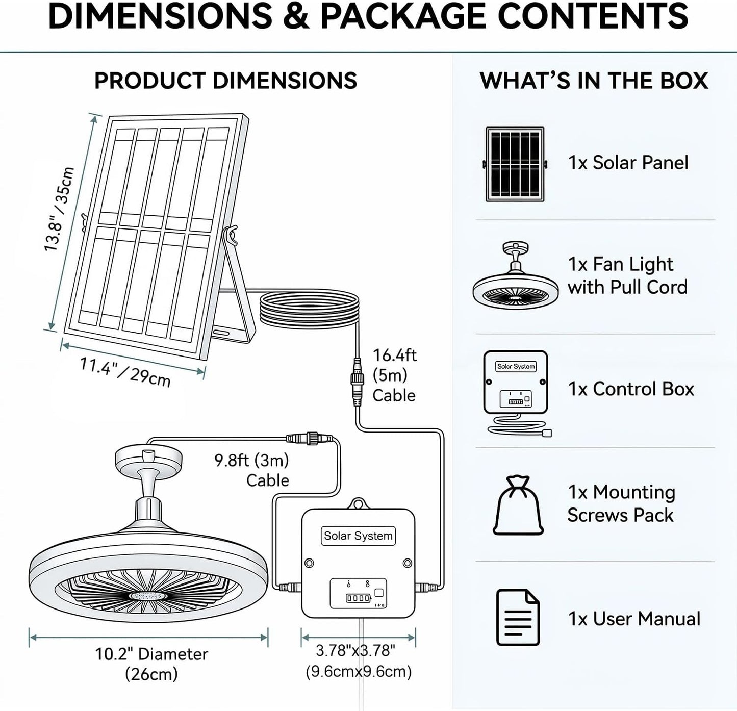 Solar Ceiling Fan with Light Indoor Outdoor, Daytime Available Solar Shed Fan Light with Pull String, 3-in-1 Modes, IP65 Waterproof for Gazebo, Shed, Barn, Patio, Chicken Coop