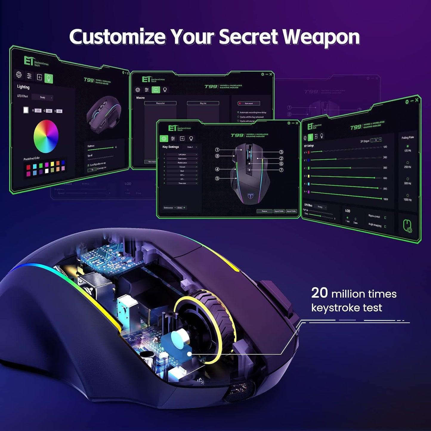 RisoPhy Wireless Gaming Mouse, 3-Mode 2.4G/USB-C/Bluetooth with RGB Backlit | 6 Level 10000DPI, Ergonomic Design, 8 Programmable Buttons, 58H Capacity Rechargeable, Computer Mouse for PC/Mac/Laptop
