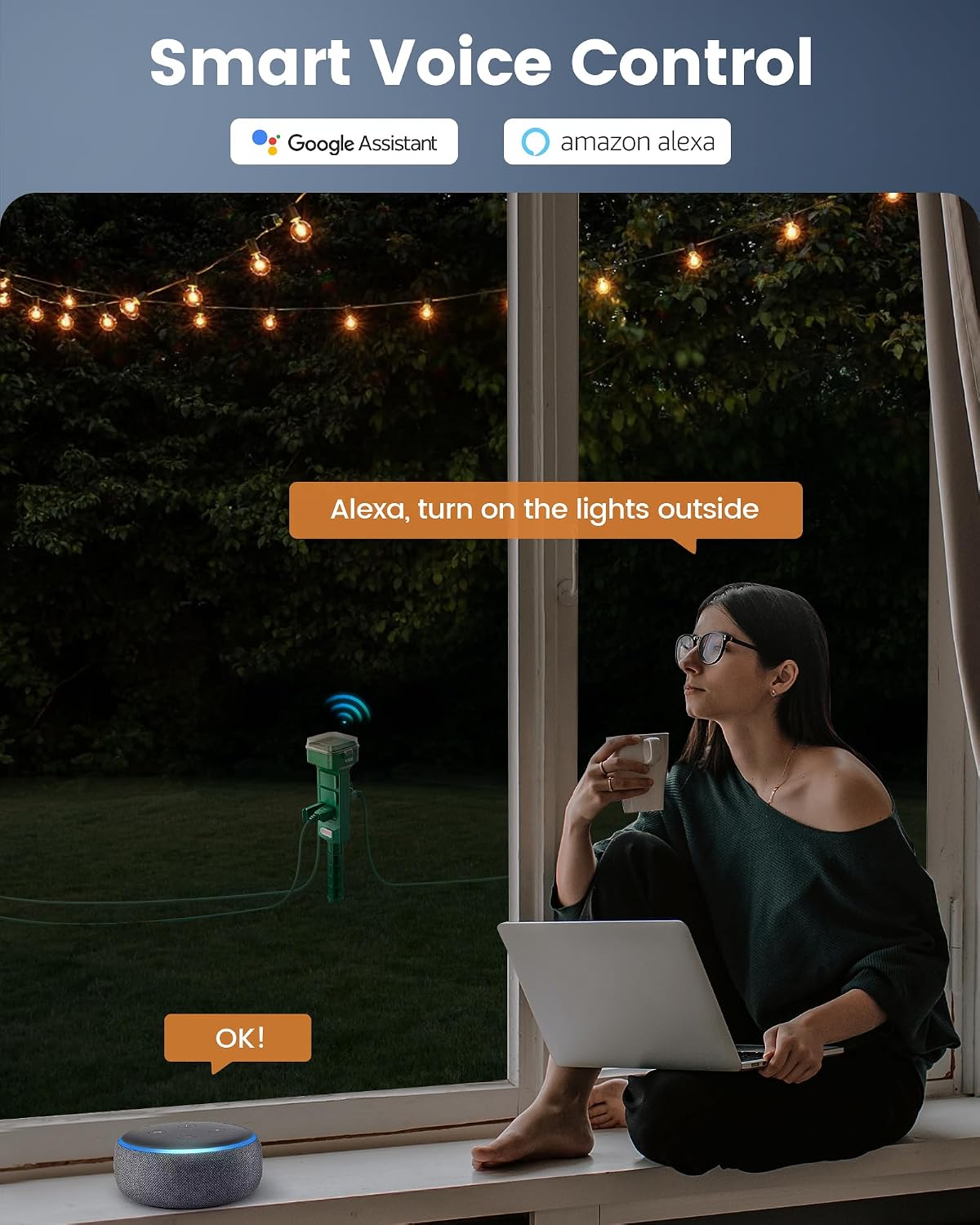 SURAIELEC Outdoor Power Stake Smart WiFi Light Timer, 6 Outlets, Waterproof