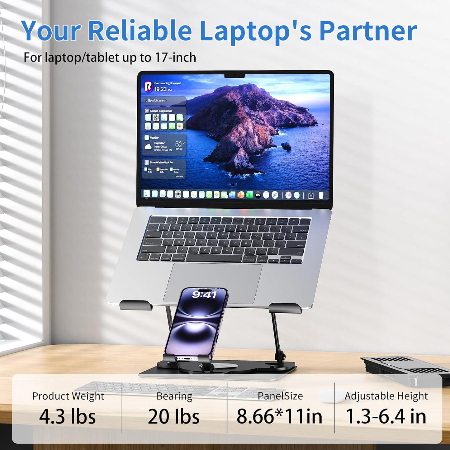 Laptop Cooling Pad with Detachable Fan & Cooler, 2-in-1 Laptop & Phone Stand, Adjustable Angle, 360° Rotatable Base, Carbon Steel, Ultra-Quiet & Super Sturdy for Laptop (Black)