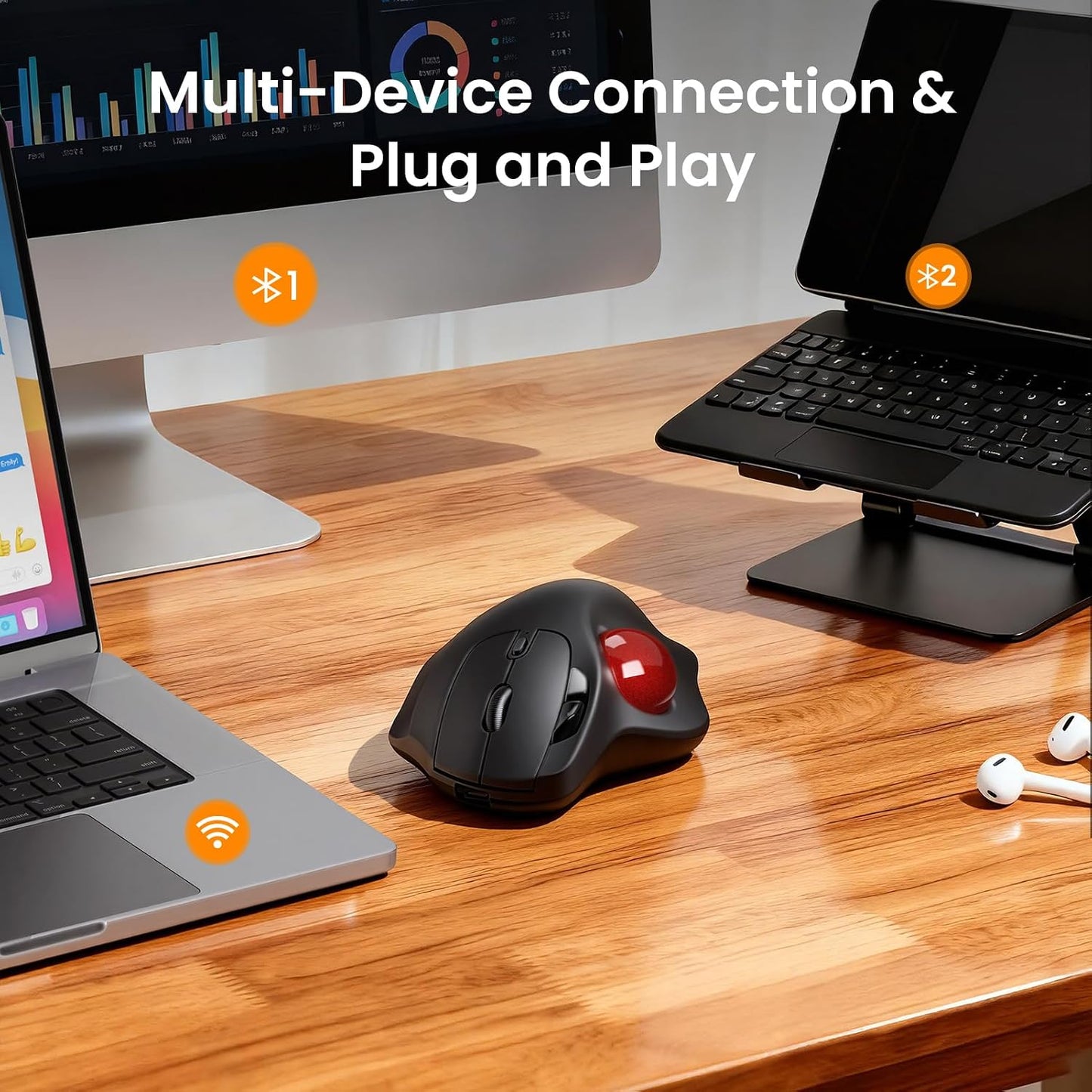 Wireless Trackball Mouse, Rechargeable Thumb Control 3 Devices - Red Ball | SABLUTE MAM2 Ergonomic Mouse (Bluetooth and USB ), 5-Level DPI, Silent Click, Compatible PC Laptop Mac iPad, Easy Clean