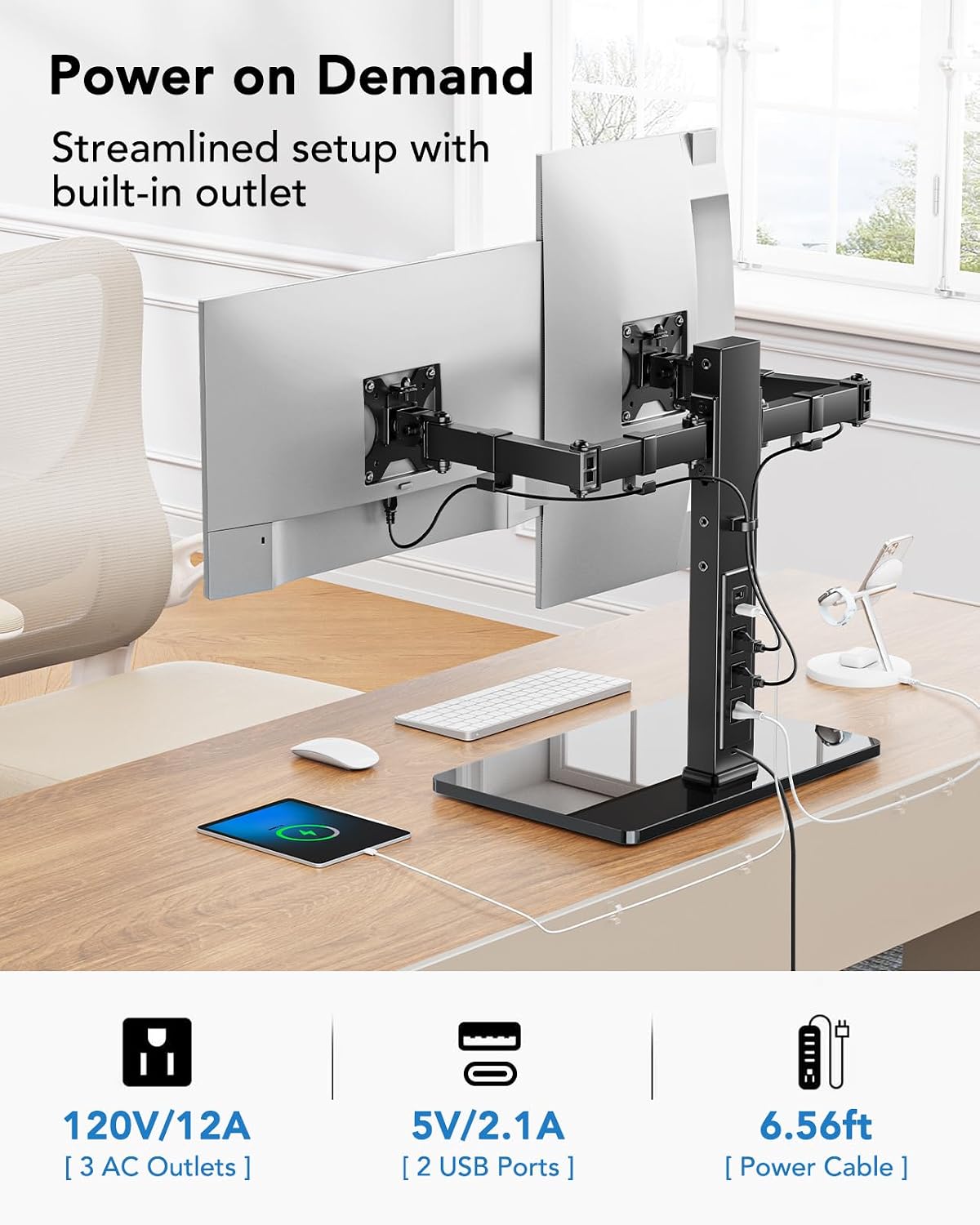 HUANUO Dual Monitor Mount with Power Outlet, Computer Monitor Stand with Sturdy Glass Base, Full Motion Dual Monitor Stand with Adjustable Height, Supports 13″-32″ Displays up to 22 lbs, Easy Setup