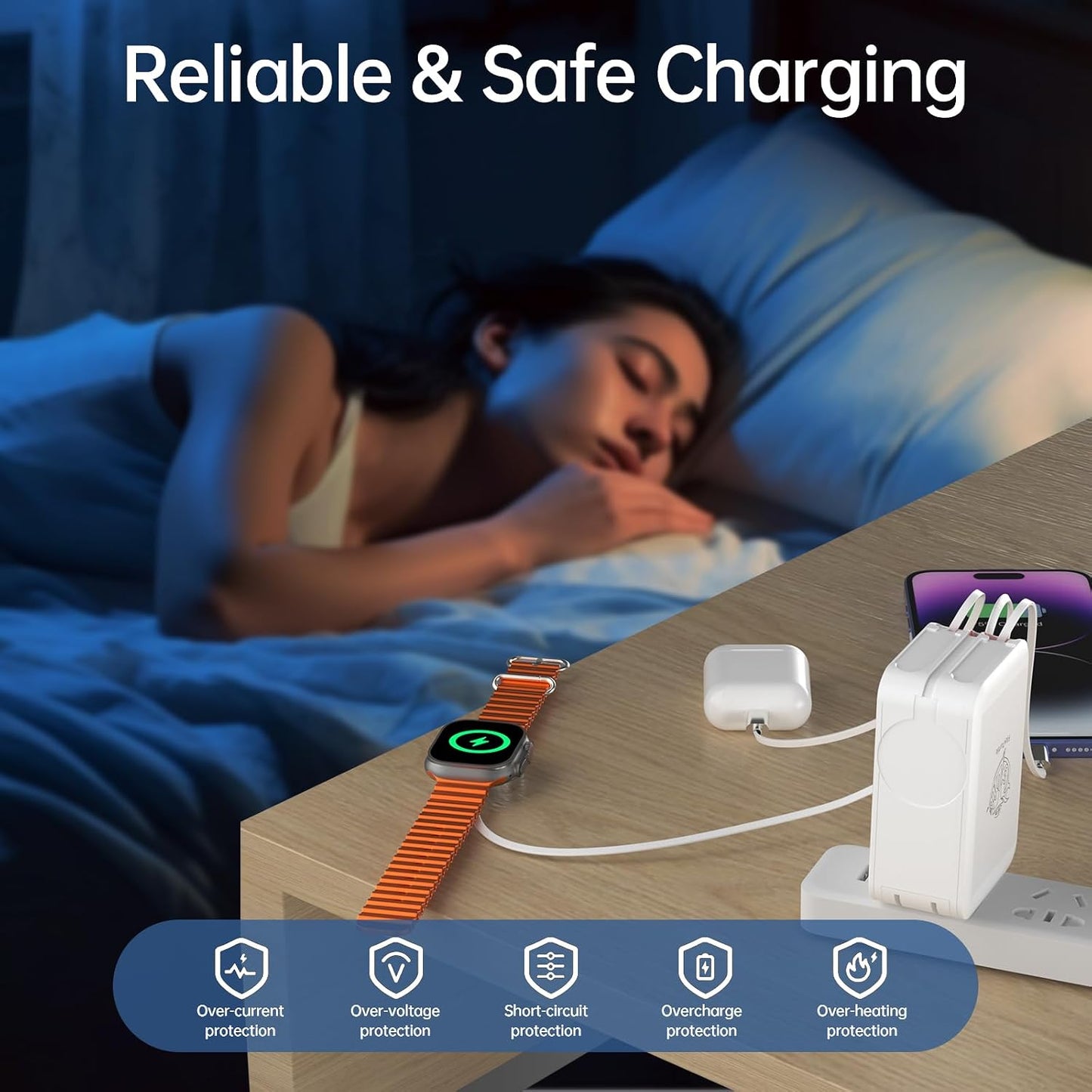 5-in-1 Retractable Apple Watch Charger, 35W Travel Wall Charger | Built-in 3.2ft USB-C, Older iPhone & Apple Watch Charging Cables, USB-A + USB-C Ports, Foldable Plug for Travel
