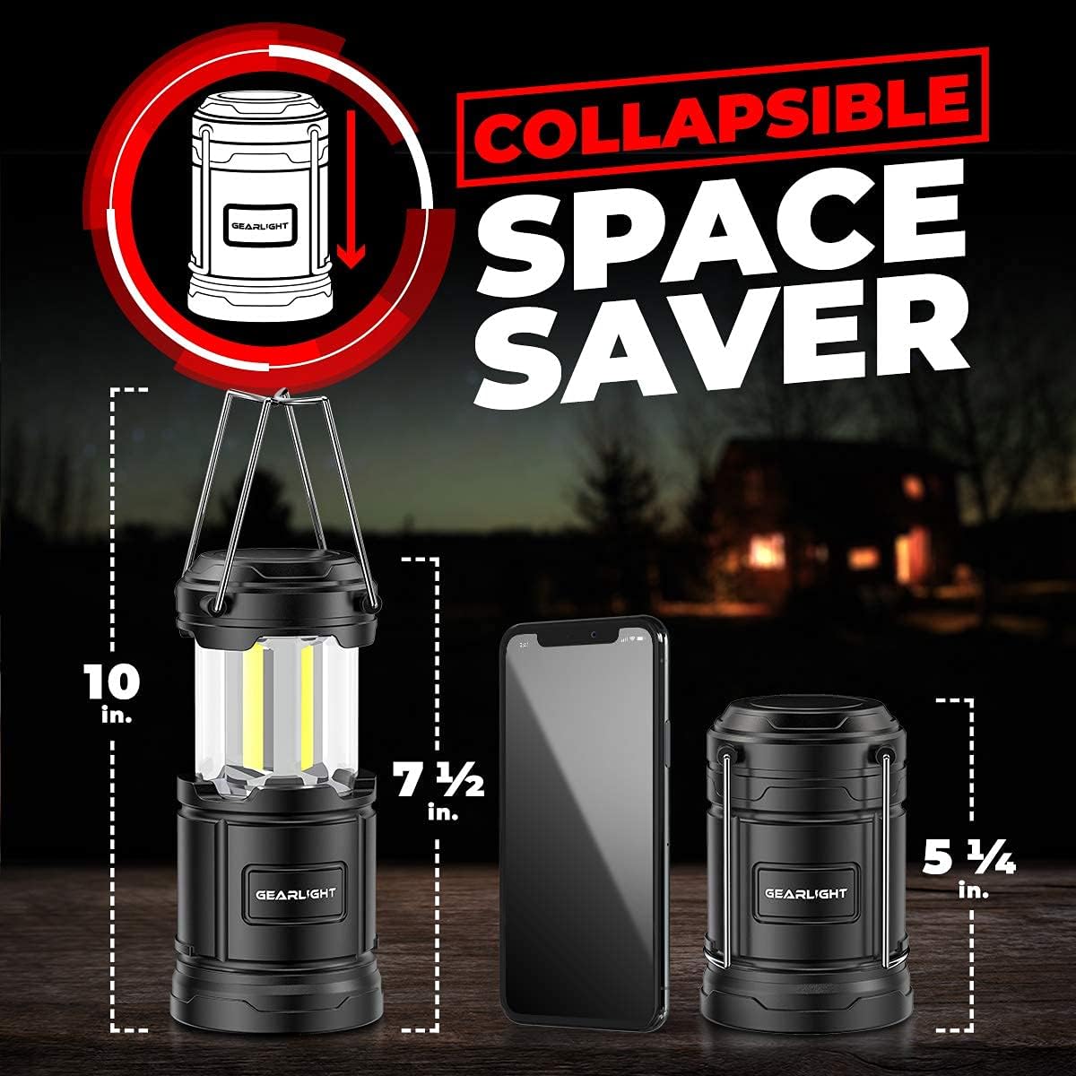 GearLight Camping Lantern - 2 Portable LED Battery Powered Lantern with Magnetic Base and Foldable Hook for Emergency Use or Campsites, Essential Hurricane Survival Kit with Batteries - Black
