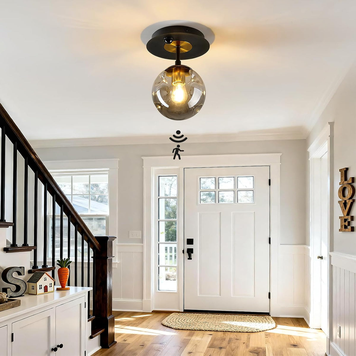 Motion Sensor Light Indoor 1-Light Mini Glass Globe Ceiling Light Fixture Modern Black Semi Flush Mount Light for Hallway Entryway Porch Stairway Closet