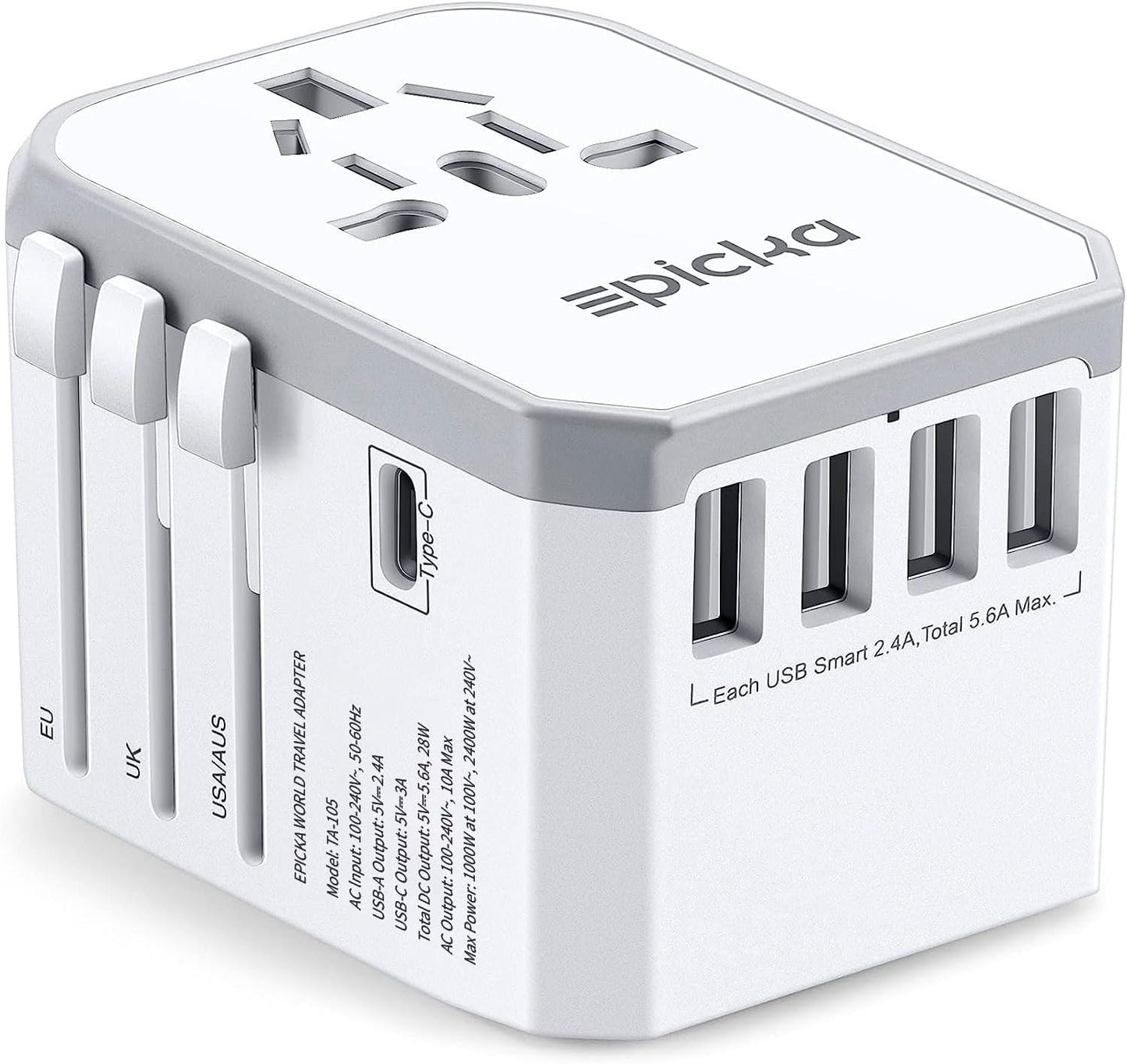 EPICKA Universal Travel Adapter with 1AC/1 USB-C/4 USB-A Ports | Travel Plug Adapter for EU/US/UK/AUS, Supports Charging for Multi-Device, Not A Voltage Converter, TA-105, Grey