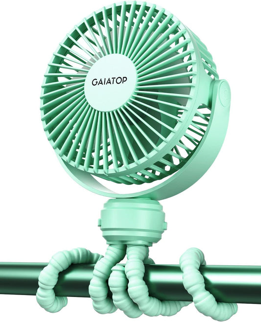 Gaiatop Mini Portable Stroller Fan, Small Clip on Fan 3 Speed Rechargeable | 360° Rotate Flexible Tripod, Battery Operated Detachable, Cooling for Car Seat Crib Treadmill Travel Green