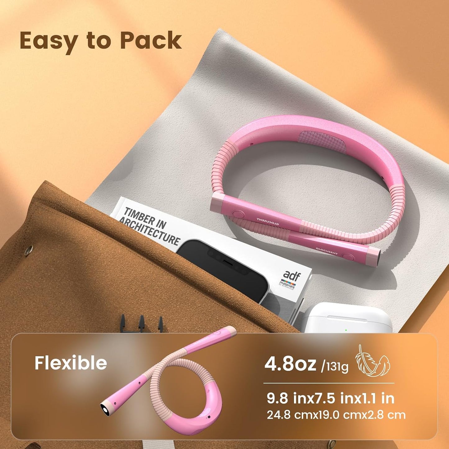 Glocusent Reading Light,Pink Neck Light,80-hr Rechargeable Book Light | 3-Color&6-Brightness, USB-C,LED Neck Reading Light,Women, Travel,Portable, Repairing,Crochet, Christmas, Book Lovers Gifts