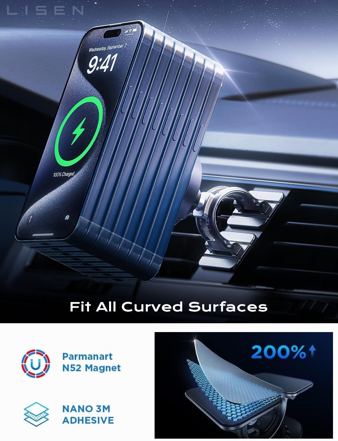 LISEN 15W MagSafe Car Mount Charger, Magnetic Phone Holders for Your Car | [Dual Mounting Type for 99% Vehicles] Magsafe Car Mount,15W Magnetic Wireless Car Charger Car Accessories for iPhone 17-12