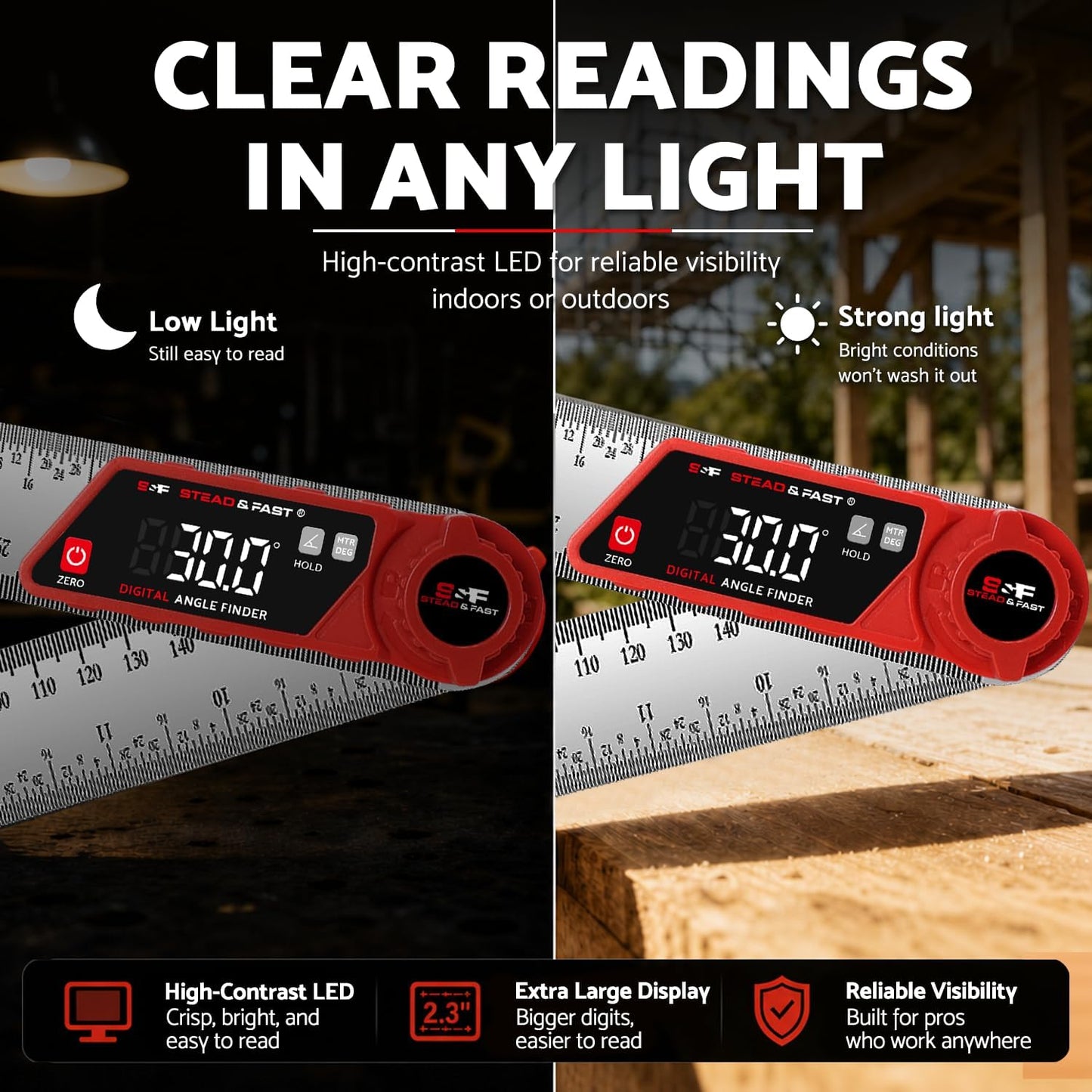 S&F STEAD & FAST Digital Angle Finder with Miter Button, 7 Inch / 200 mm | Secure lock knob, XL LED Display, Stainless steel arms, High-precision, Versatile protractor, for Miter saw & Crown molding