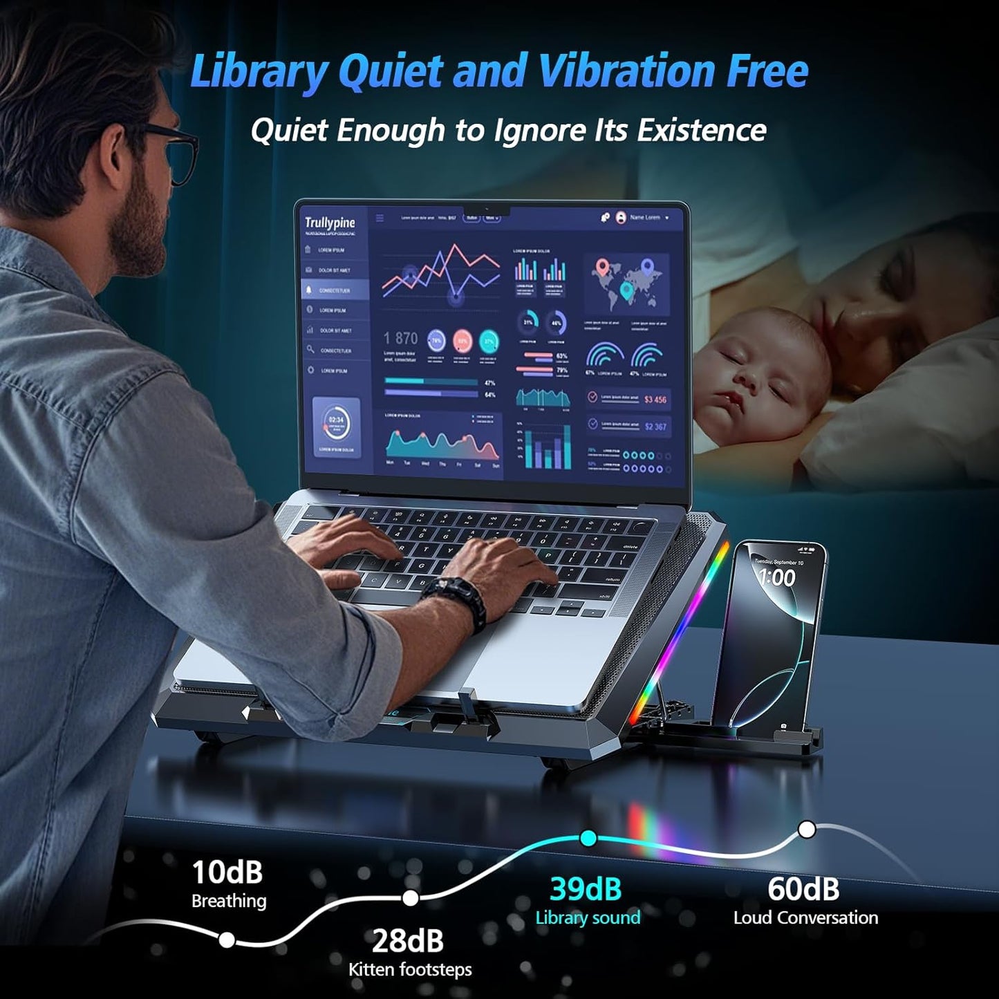 Laptop Cooling Pad with 12 Quiet Fans, Slim Portable for 12-17.3 Inch Laptop Cooler Stand with 5 Height Adjustable, Ergonomic Gaming Cooling Fan Pad with Two USB Ports & Phone Holder (Gear)