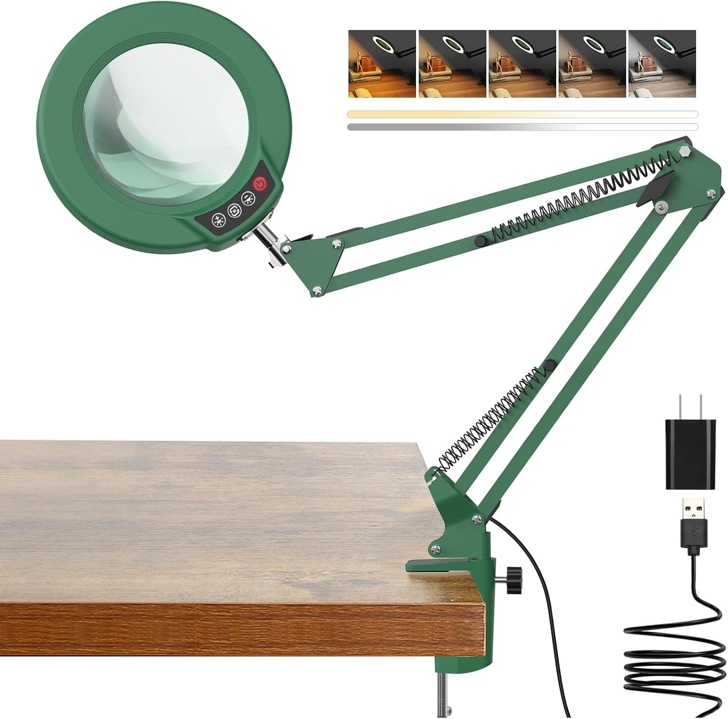 Coyeth 10X Magnifying Glass with Light and Clamp, Real Glass Stand Lighted Magnifier, 5 Color Modes Stepless Dimmable LED Desk Lamp Hands Free for Crafts Hobby Reading Painting Sewing Close Work