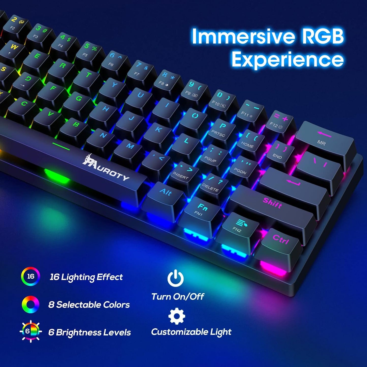 Pauroty 60% Wireless Mechanical Keyboard, Triple Mode 2.4G/USB-C/Bluetooth Gaming Keyboard, RGB Backlit, Clicky Blue Switch, 61 Keys Rechargeable Mini Wireless Keyboard for iPad Mac PC Xbox