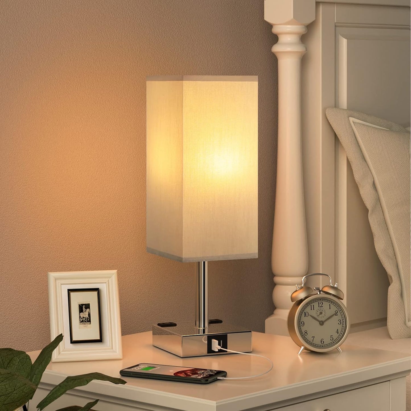 Touch Bedside Table Lamp for Bedroom - Dimmable, USB C+A, 2 AC Outlets | 3-Way Dimming, 3000K Bulb Included, Square Grey Lampshade and Silver Base, Desk Lamp for Nightstand, Living Room, Dorm