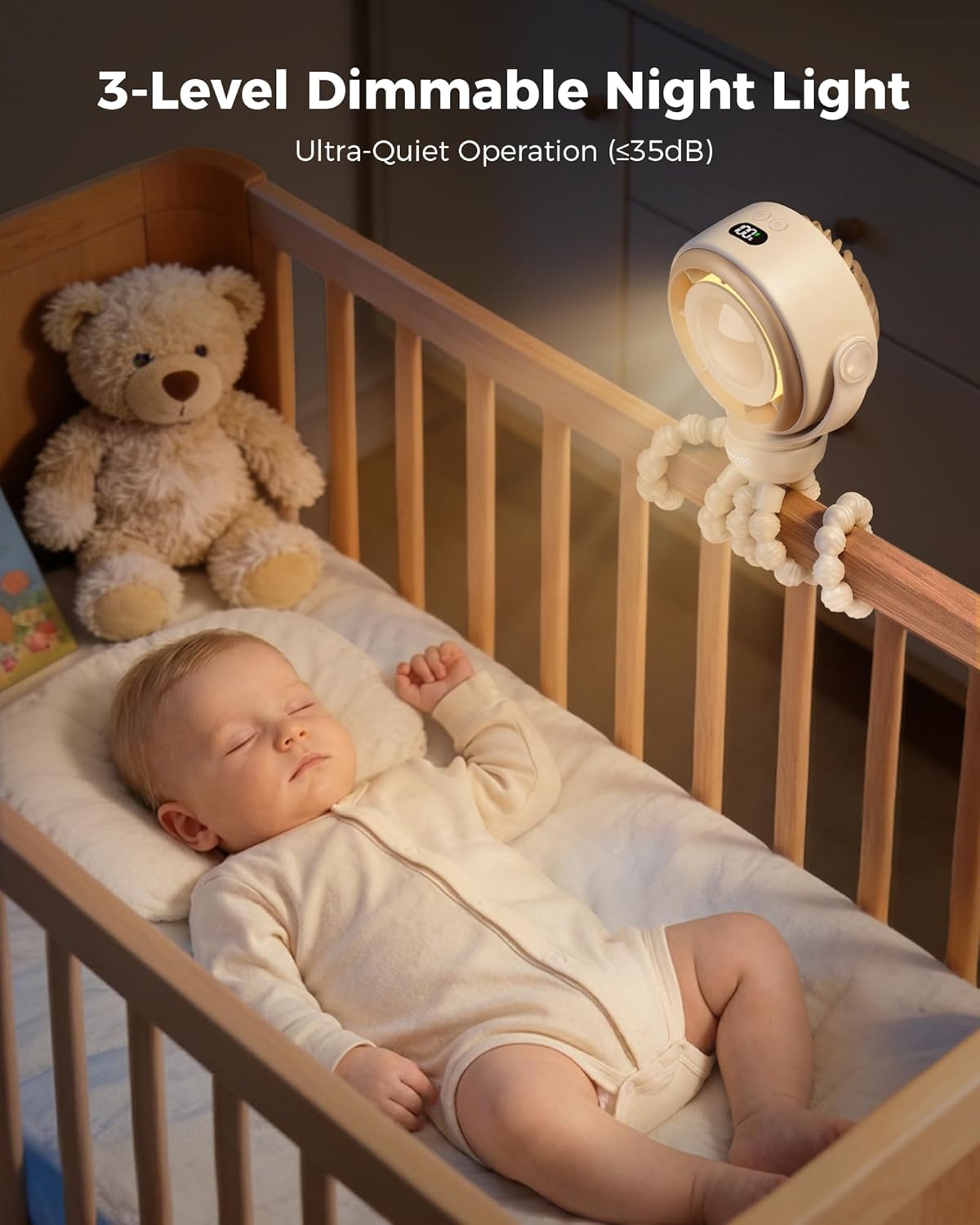 SWEETFULL Baby Stroller Fan, Safe Portable Fan, 15H Use, Nightlight - Brown | Pinch-Proof Design; 4000mAh Rechargeable; Stable Mini Clip On Fan; 360° Adjustable; 4-Speed Quiet; LED Display; Car Seat Crib