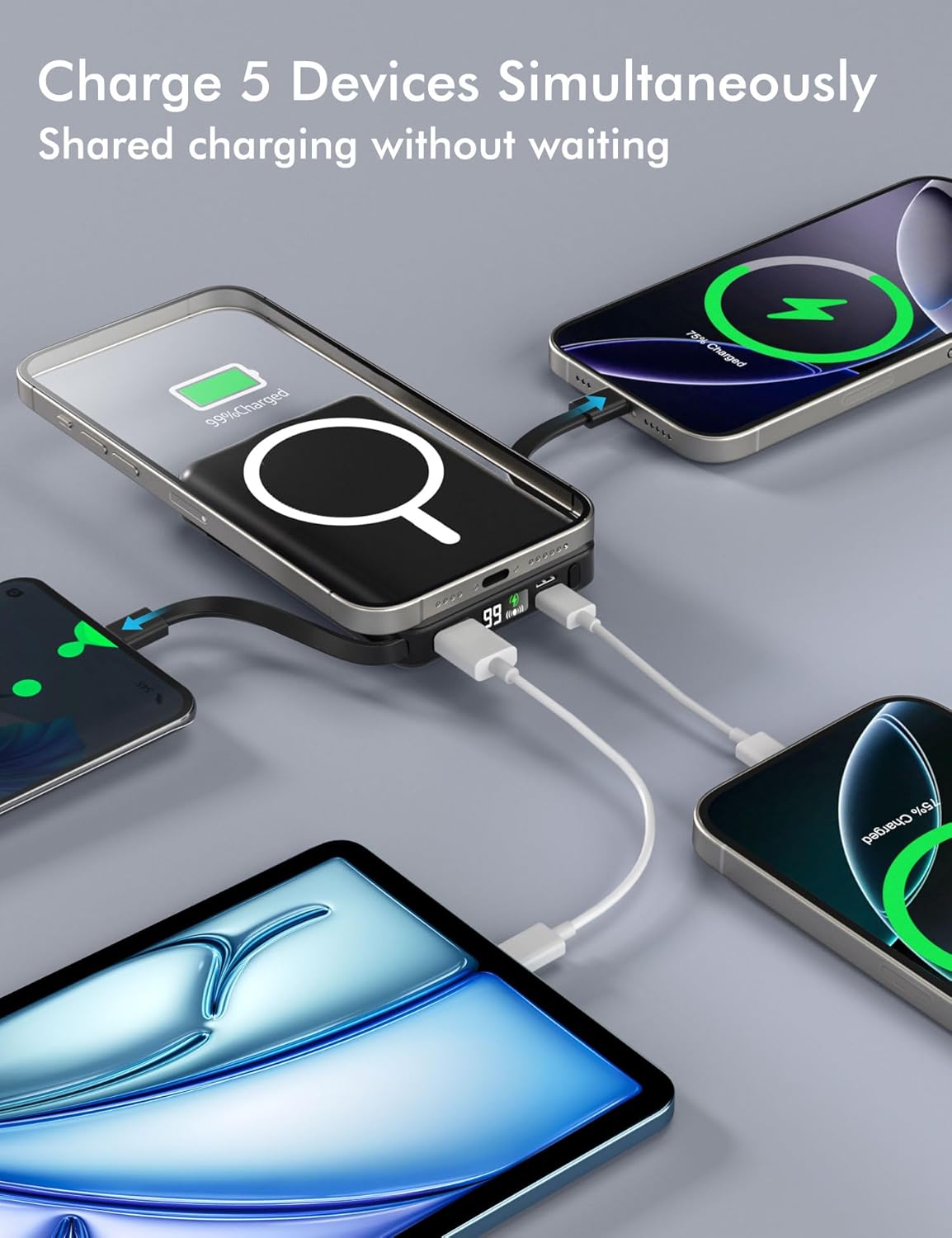 podoru for Magsafe Power Bank, 10000mAh Magnetic Portable Charger | Built-in Double USB-C Cables, 20W PD Fast Charging Wireless Battery pack for iPhone 17/16/15/14/13/12 Series-Black