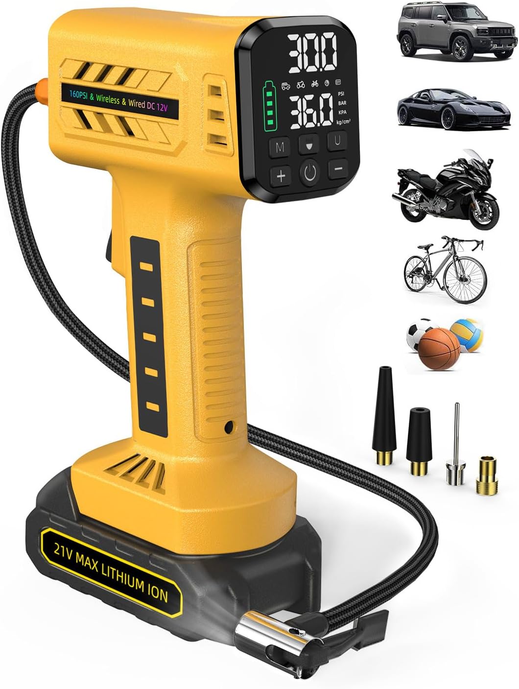 Tire Inflator Portable Air Compressor, 160 PSI Cordless Tire Inflator with 10,000mAh Battery & 12V DC, Auto Shut-Off Digital Display, Replaceable Hose for Car SUV Motorcycle Bike Balls - Yellow