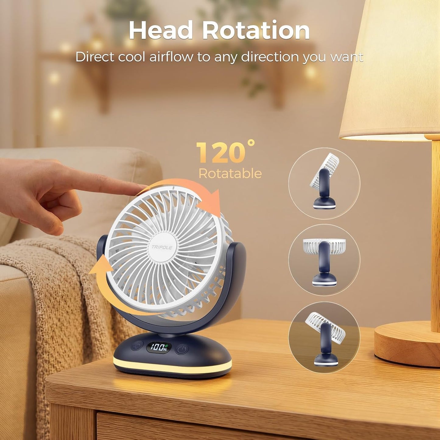 TriPole Small Rechargeable Portable Desk Fan with Smart Display & LED Light | 31H Runtime, Quiet Operation, 4 Speeds, Mini Battery Operated Fan for Bedroom Office Outdoor Travel Camping Cruise, White