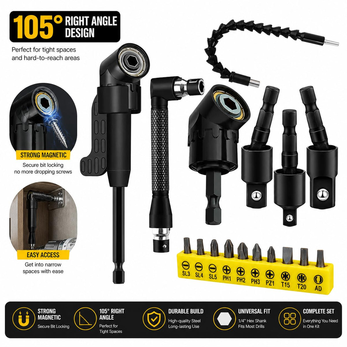 17Pcs Flexible Drill Bit Extension Set with Strong Magnetic Bit Holder, 105° & 360° Right Angle Drill Adapter, Rotatable Screwdriver Bits, for Tight Spaces DIY