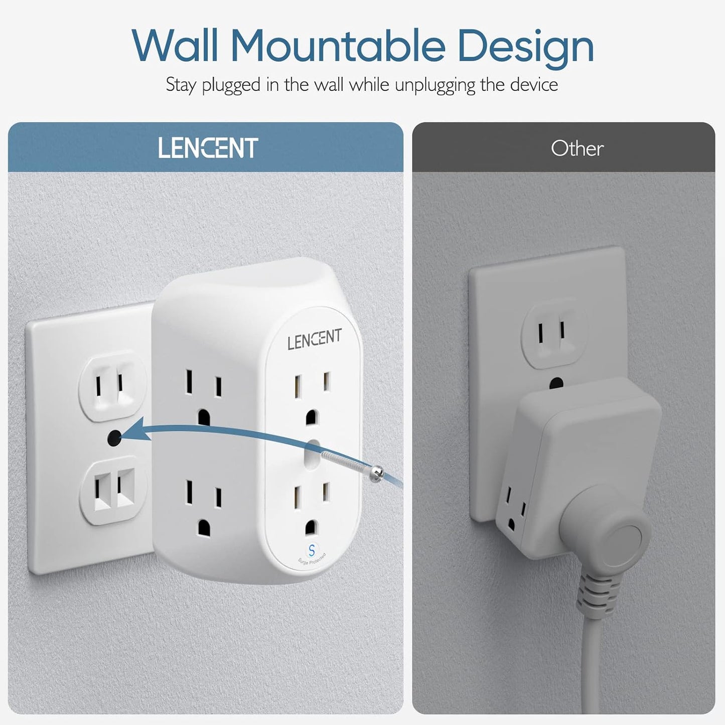 LENCENT 2 to 3 Prong Outlet Adapter, 3 to 2 Prong Grounding Adapter | Surge Protector, Multi Outlet Wall Plug with 6 Outlets, Power Socket Extender for Non Grounded Kitchen Office Older House