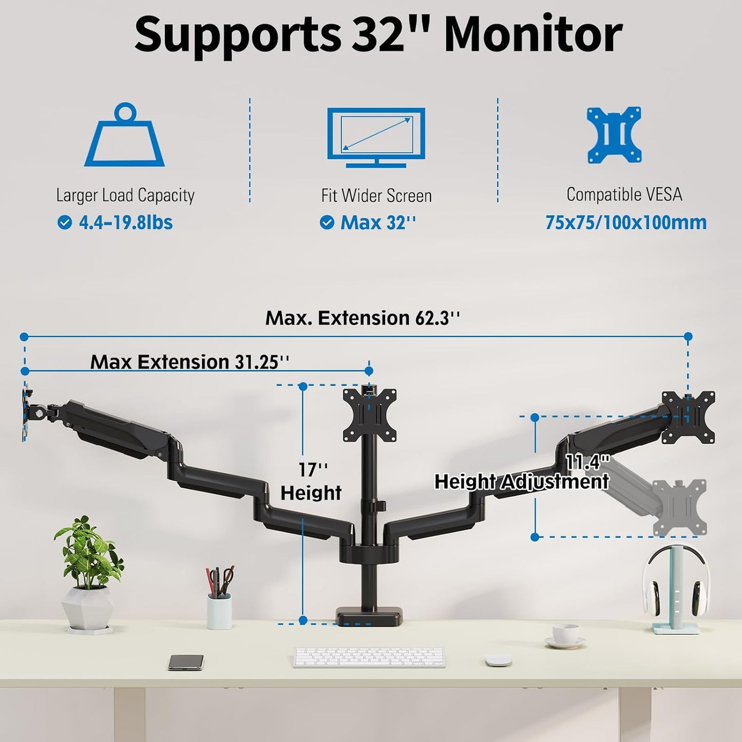 Triple Monitor Desk Mount for Computer Screens up to 32" | Holds up to 19.8 lbs Each, 3 Monitor Arm, Heavy Duty Stand Vesa Mount 75x75, 100x100