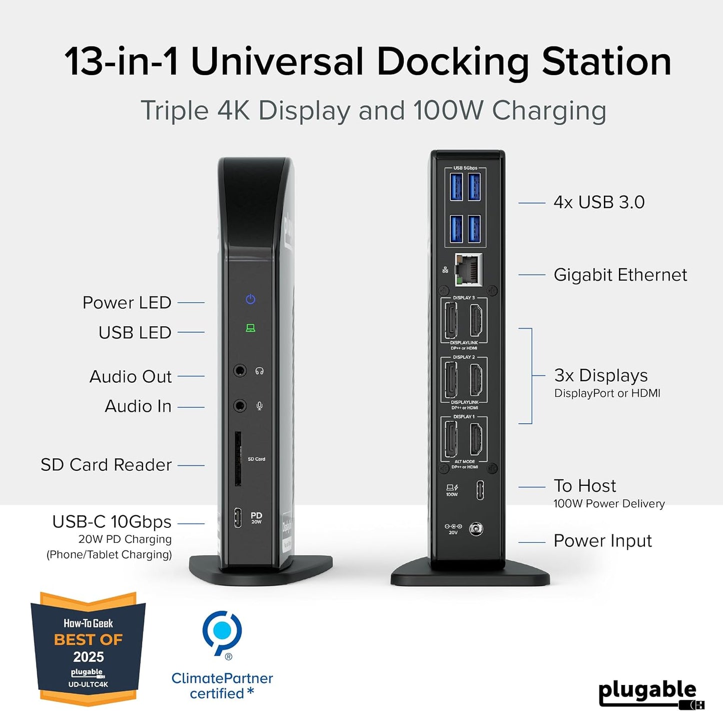 Plugable 13-in-1 USB C Docking Station 4K Triple Monitor with 100W Power Delivery | USB C Dock for Windows, Mac, ChromeOS, Thunderbolt | Driver Required | 3X HDMI and 3X DisplayPort (UD-ULTC4K)