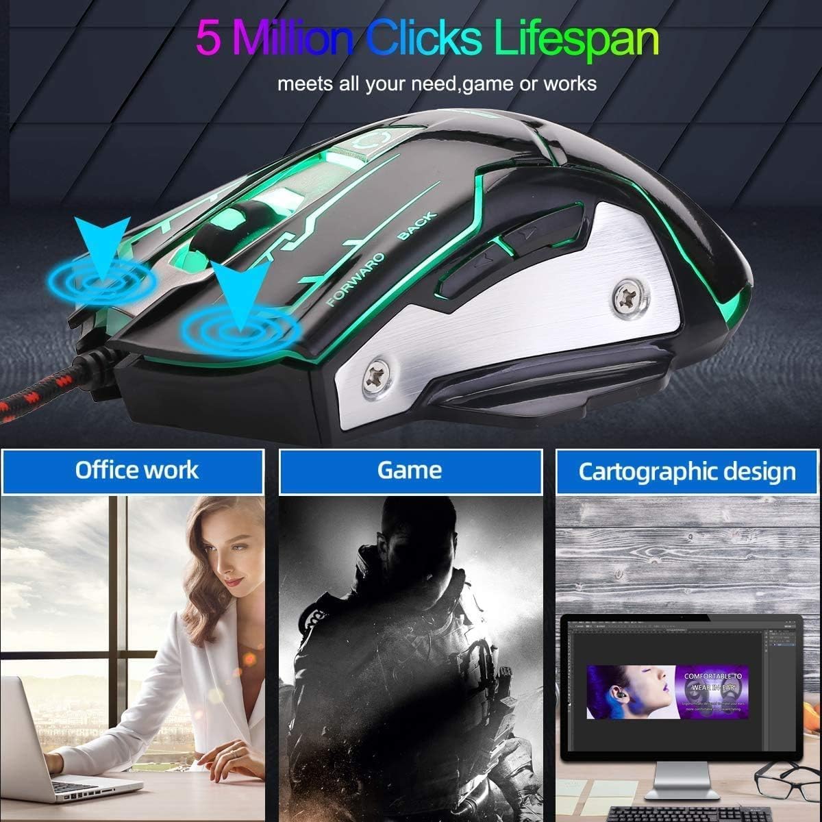 RGB Light up Wired Gaming Mouse for Computer - Durable USB Led Laptop Mice w/ 7 Color Backlit, 4 Adjust DPI Up to 3200 for Gaming, Silent & Stable PC Corded Mouse for Mac MacBook Windows Linux PS4