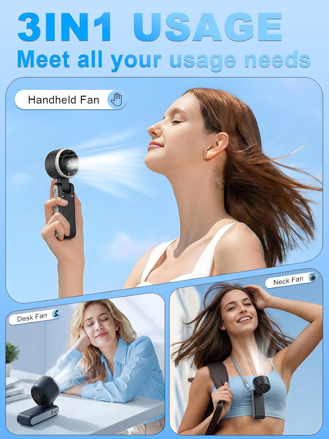 Portable Handheld Turbo Fan, 5 Gear Wind, Battery Operated, Up to 13 Working Hours Rechargeable Fan, 3 IN 1 Hand Fans with Air Turbo Tech Cooling Fan for for Travel, Beach, Outdoor - Black