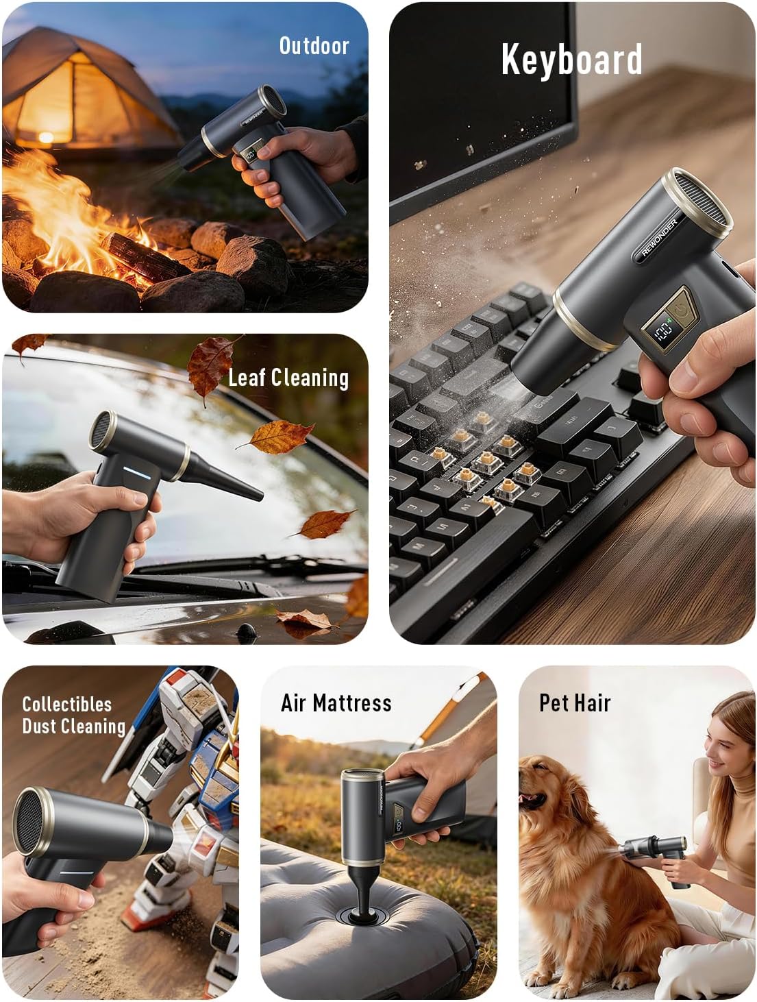 REWONDER Electric Air Duster Rechargeable Cordless Air Blower | 130000RPM Brushless Motor, 100 Adjustable Speeds, LED Display, Duster Blower for PC, Computer, keyboard, Car, Home Cleaning