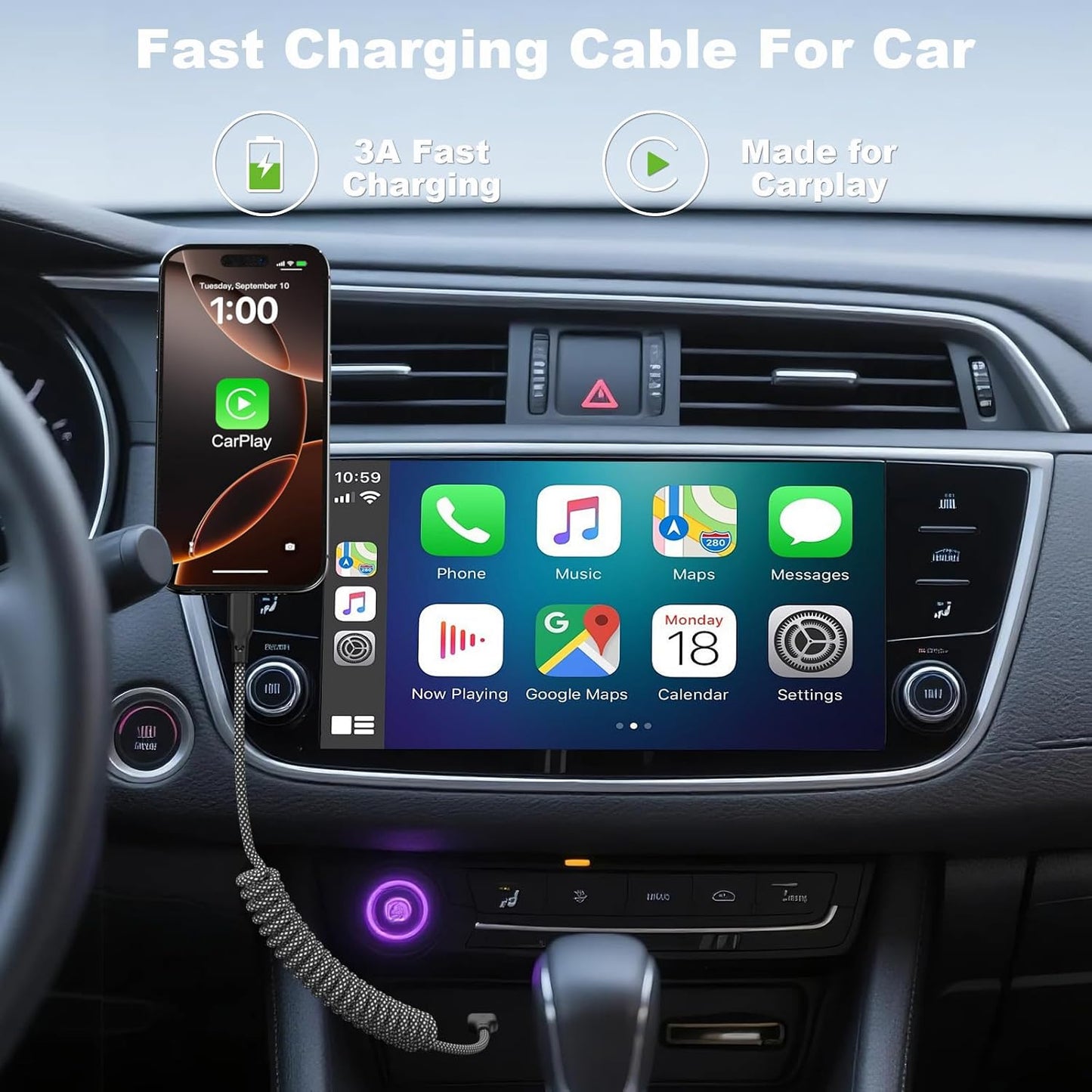 Coiled Carplay Car Charger Fast Charging, USB A to USB C Cable 2 Pack | Type C Charger Cord for iPhone 17/17 Air/16/15/Plus/Pro Max/Samsung/Android, Retractable Braided Nylon, 3ft, Grey