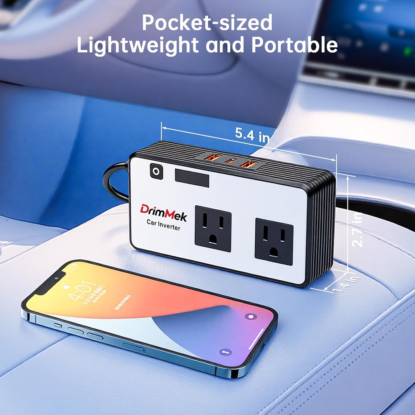 DrimMek 272W Car Power Inverter, Car Plug Adapter Outlet 12V to 110V Converter with 3 * 24W USB Fast Charging Port, Dual AC Outlet for Laptop, Vehicles, Camping (LED Display)