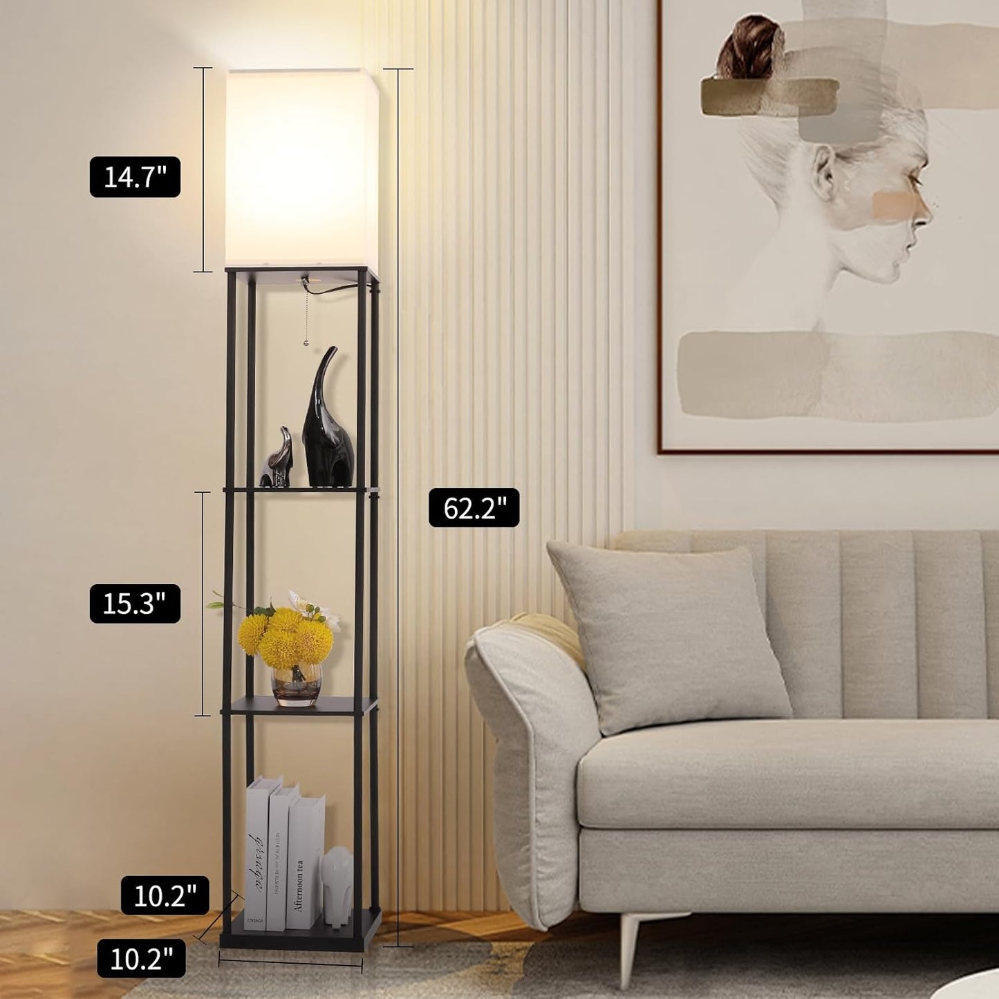 Gupuzm Floor Lamp with Shelves, Modern Square Standing Lamp with 3 Color Temperature Bulb, Corner Display Bookshelf Lamp for Living Room, Bedroom and Office (Black-2 Pack)