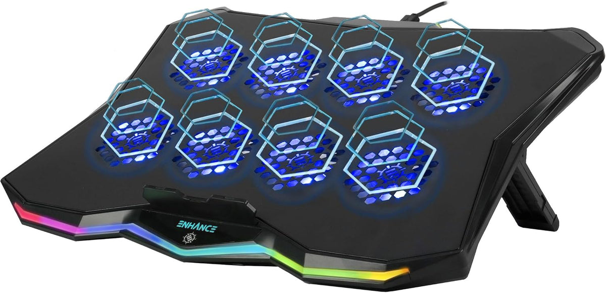 ENHANCE Infiltrate 3 Laptop Cooling Pad with RGB LED Lights - Gaming Cooler Stand with 8 Quiet Fans, 7-Angle Adjustable, Dual USB Hub, Metal Cooling Plate for 13-17.3" Gaming Notebooks